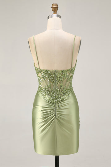 Sage Green  Appliqued Corset Tight Ruched Homecoming Dress